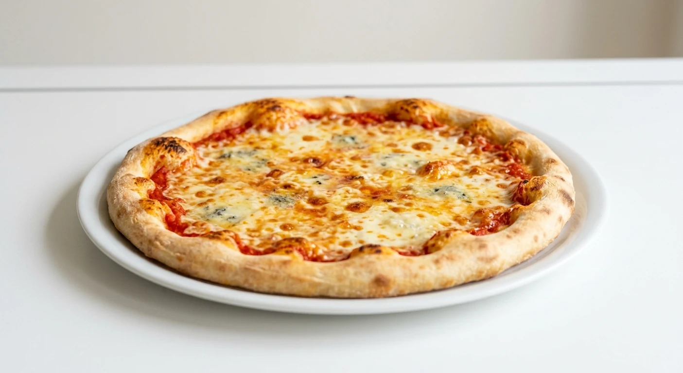Pizza Express Formaggi, round pizza with tomato and four melted Italian cheeses on a white plate, nutrition and calories