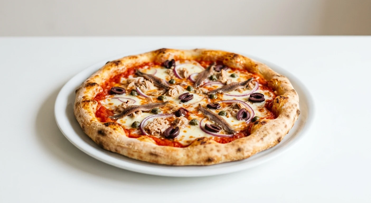 Pizza Express Neptune, round pizza with tuna, anchovies, capers, black olives and red onion on a white plate, nutrition and calories