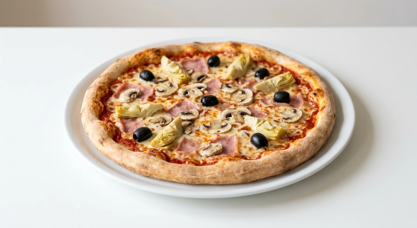 Pizza Express Capricciosa, round pizza with ham, mushrooms, artichokes, black olives and mozzarella on a white plate, nutrition and calories