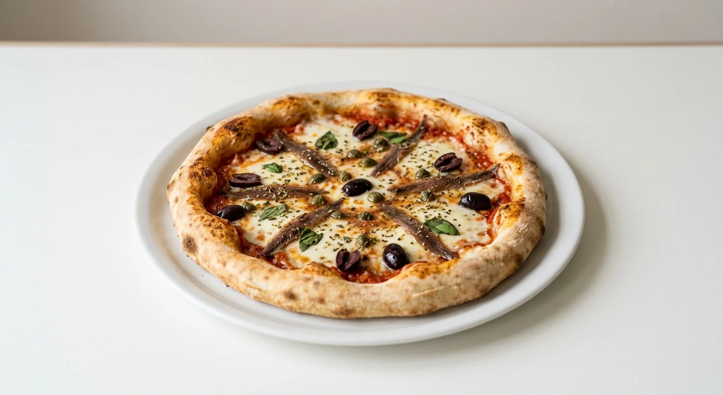 Pizza Express Napoletana, round pizza with anchovies, capers, black olives and mozzarella on a white plate, nutrition and calories