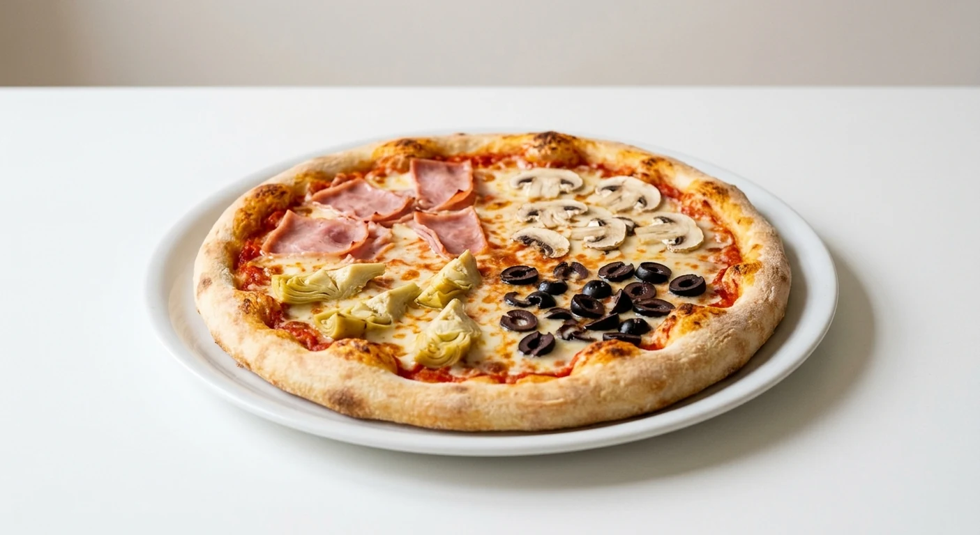 Pizza Express Four Seasons, round pizza in four quarters of ham, mushrooms, artichokes and black olives on a white plate, nutrition and calories