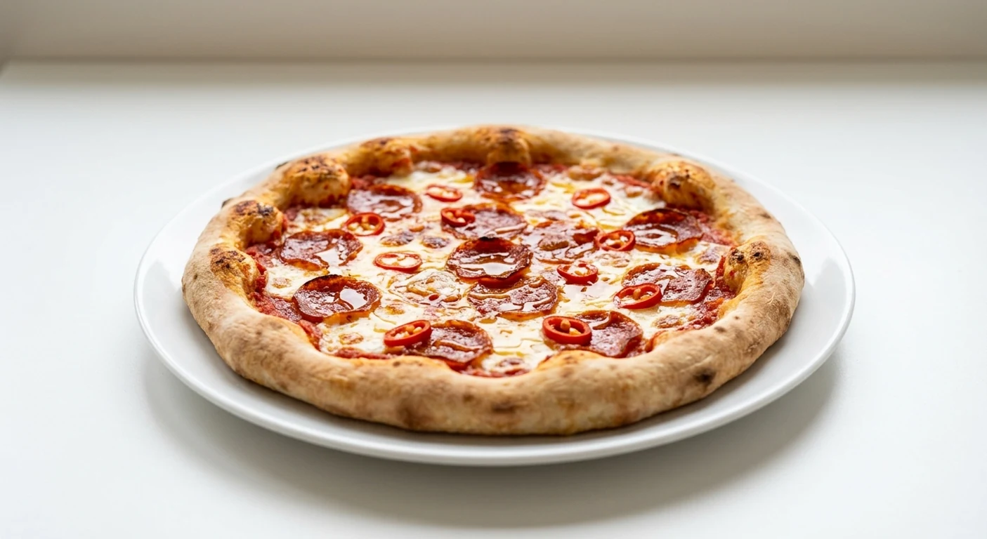 Pizza Express Hot Honey, round pizza with pepperoni, red chilli and a drizzle of hot honey on a white plate, nutrition and calories