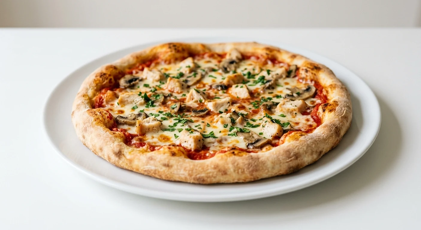 Pizza Express Pollo con Funghi, round pizza with chicken, mushrooms, mozzarella and parsley on a white plate, nutrition and calories