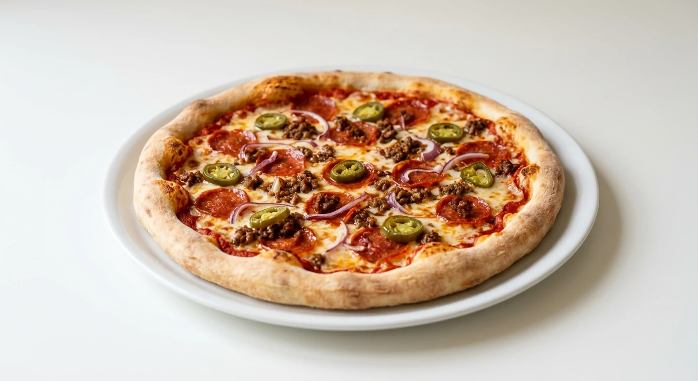Pizza Express Diavolo with Jalapeños, round pizza with spicy beef, pepperoni, jalapeños and red onion on a white plate, nutrition and calories