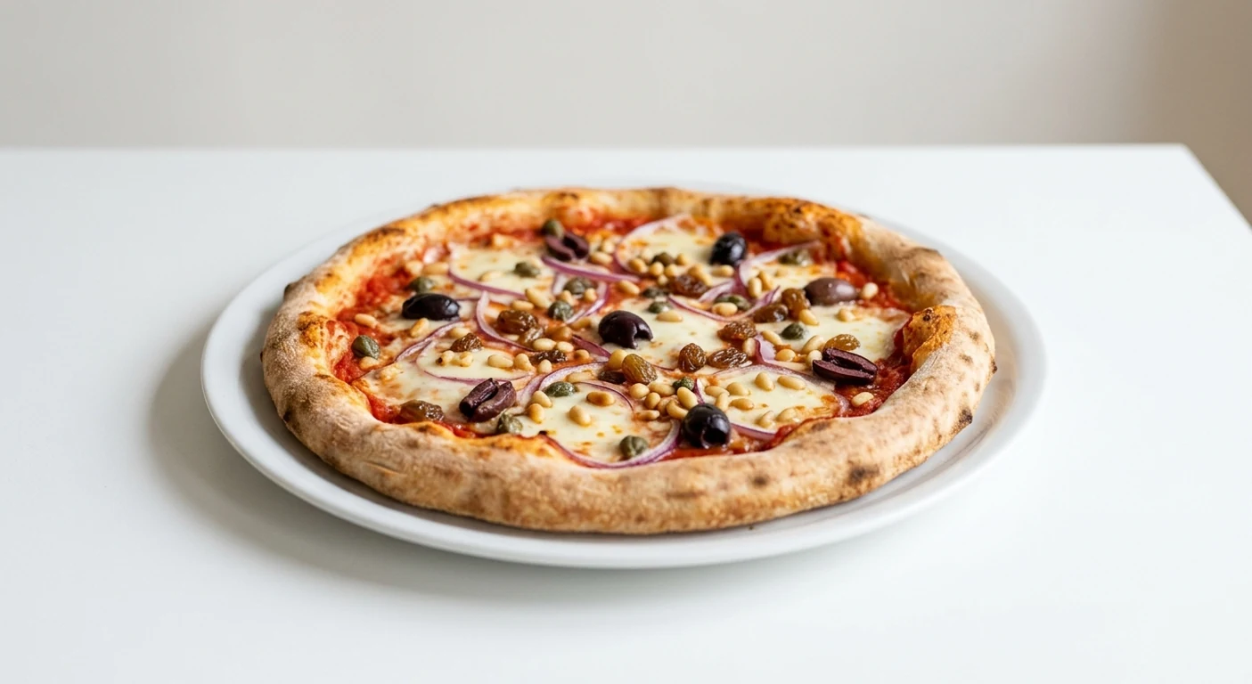 Pizza Express Veneziana, round pizza with red onion, capers, black olives, sultanas and pine kernels on a white plate, nutrition and calories