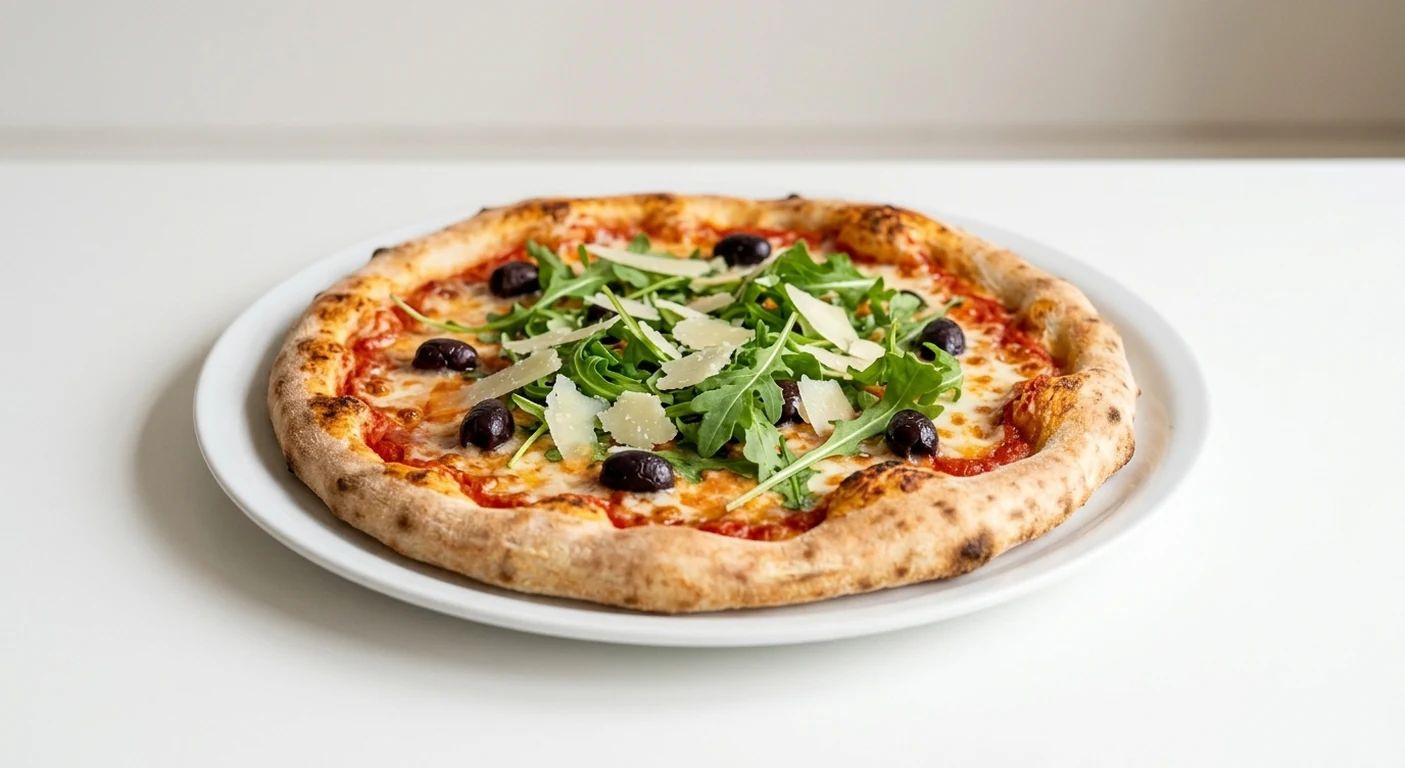 Pizza Express Soho, round pizza with black olives, rocket and shaved hard cheese on a white plate, nutrition and calories