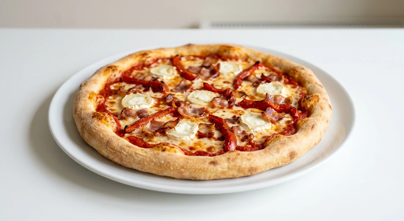 Pizza Express Rustichella, round pizza with crispy pancetta, goat's cheese and roasted red peppers on a white plate, nutrition and calories