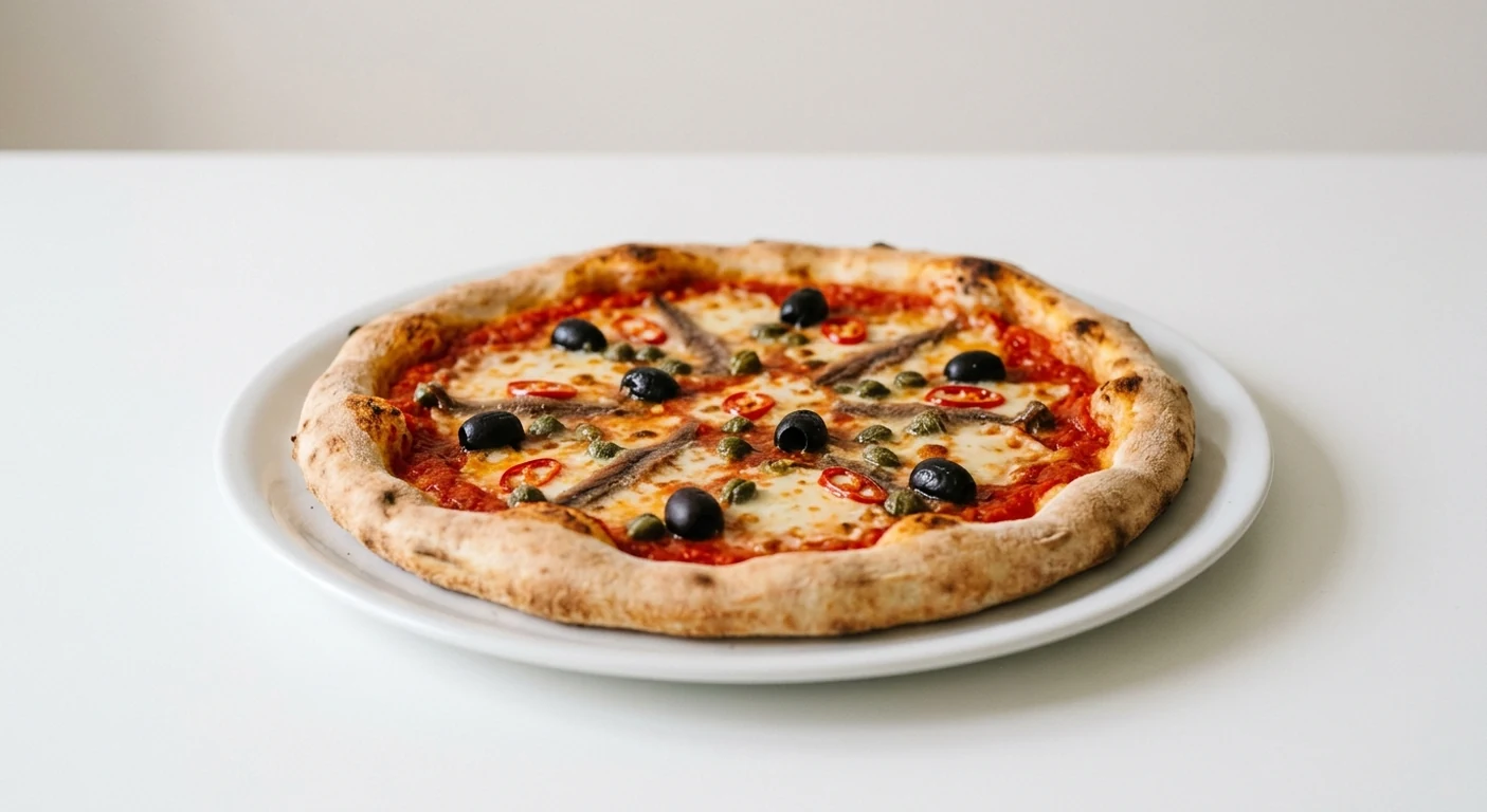 Pizza Express Siciliana, round pizza with anchovies, capers, black olives and red chilli on a white plate, nutrition and calories