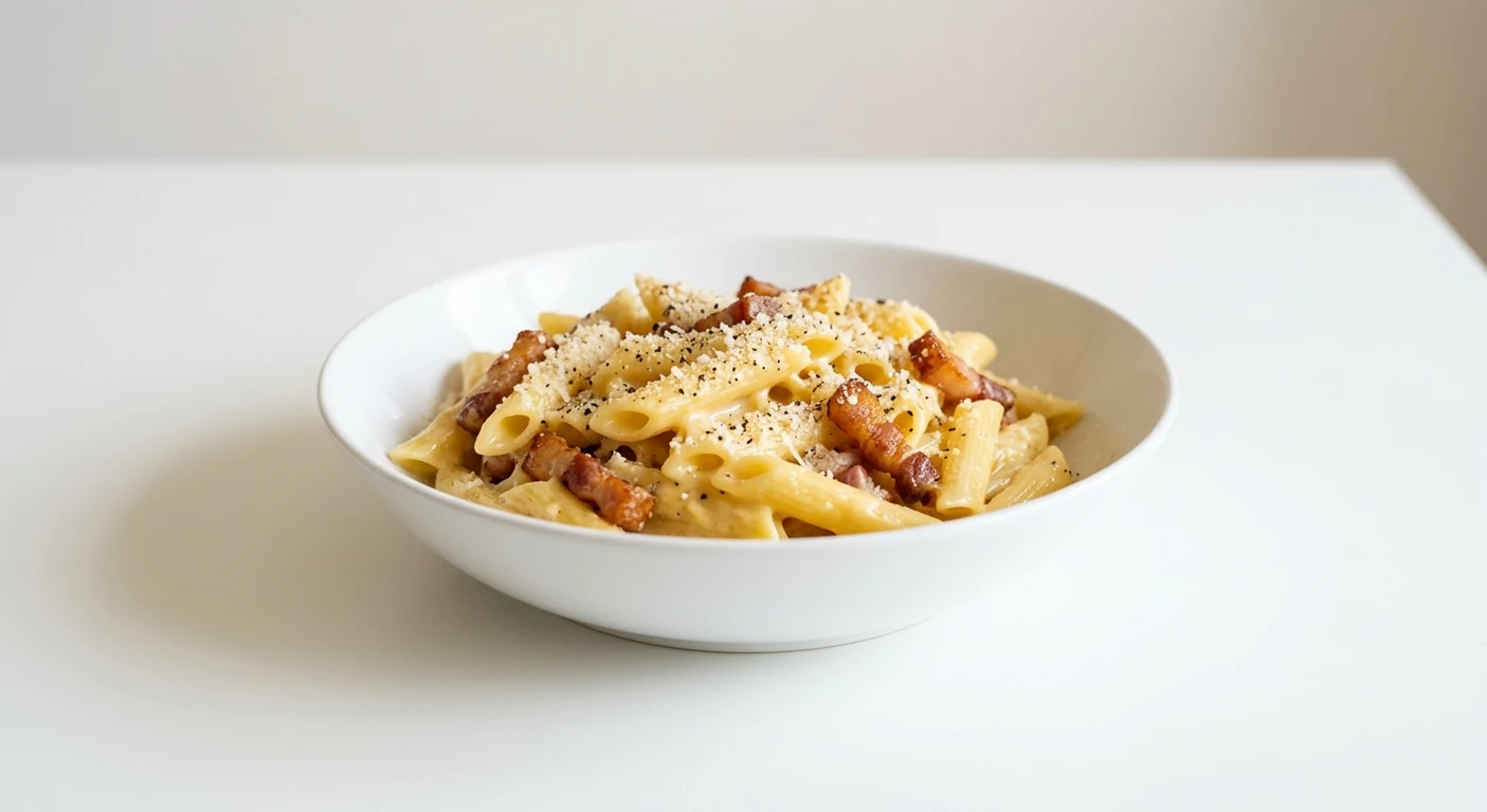 Pizza Express Carbonara, penne in a creamy egg and cheese carbonara sauce with crispy pancetta in a white bowl, nutrition and calories