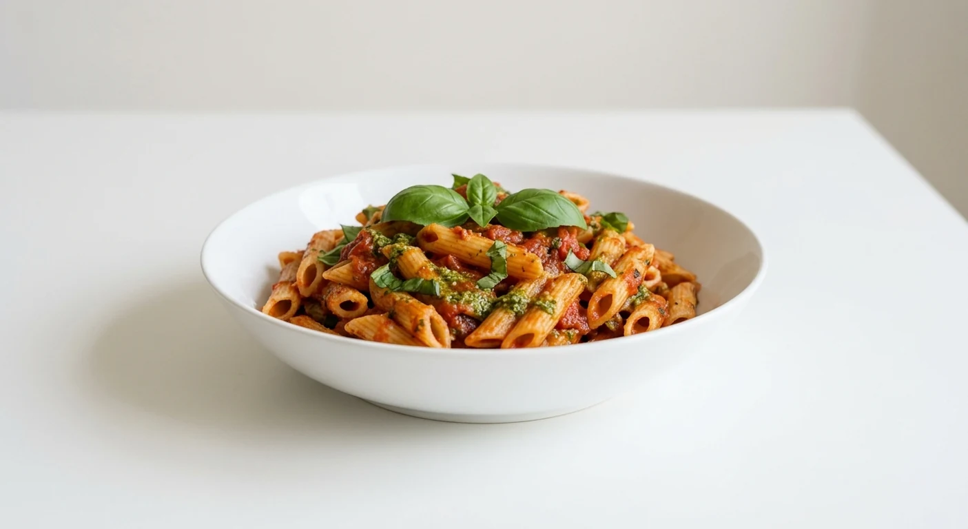 Pizza Express Pomodoro Pesto, penne in tomato sauce swirled with basil pesto in a white bowl, nutrition and calories