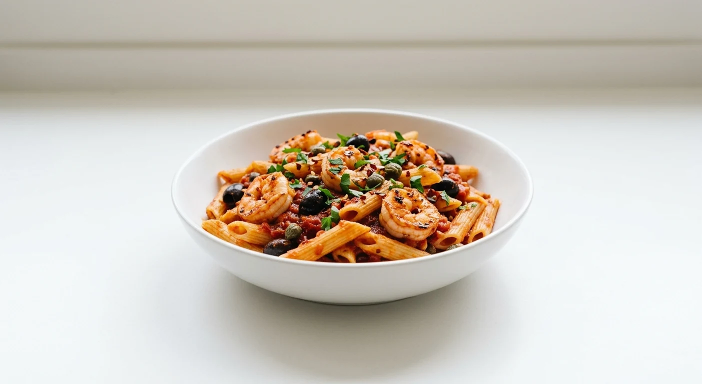 Pizza Express Prawn Puttanesca, penne with king prawns, olives, capers and chilli in tomato sauce in a white bowl, nutrition and calories
