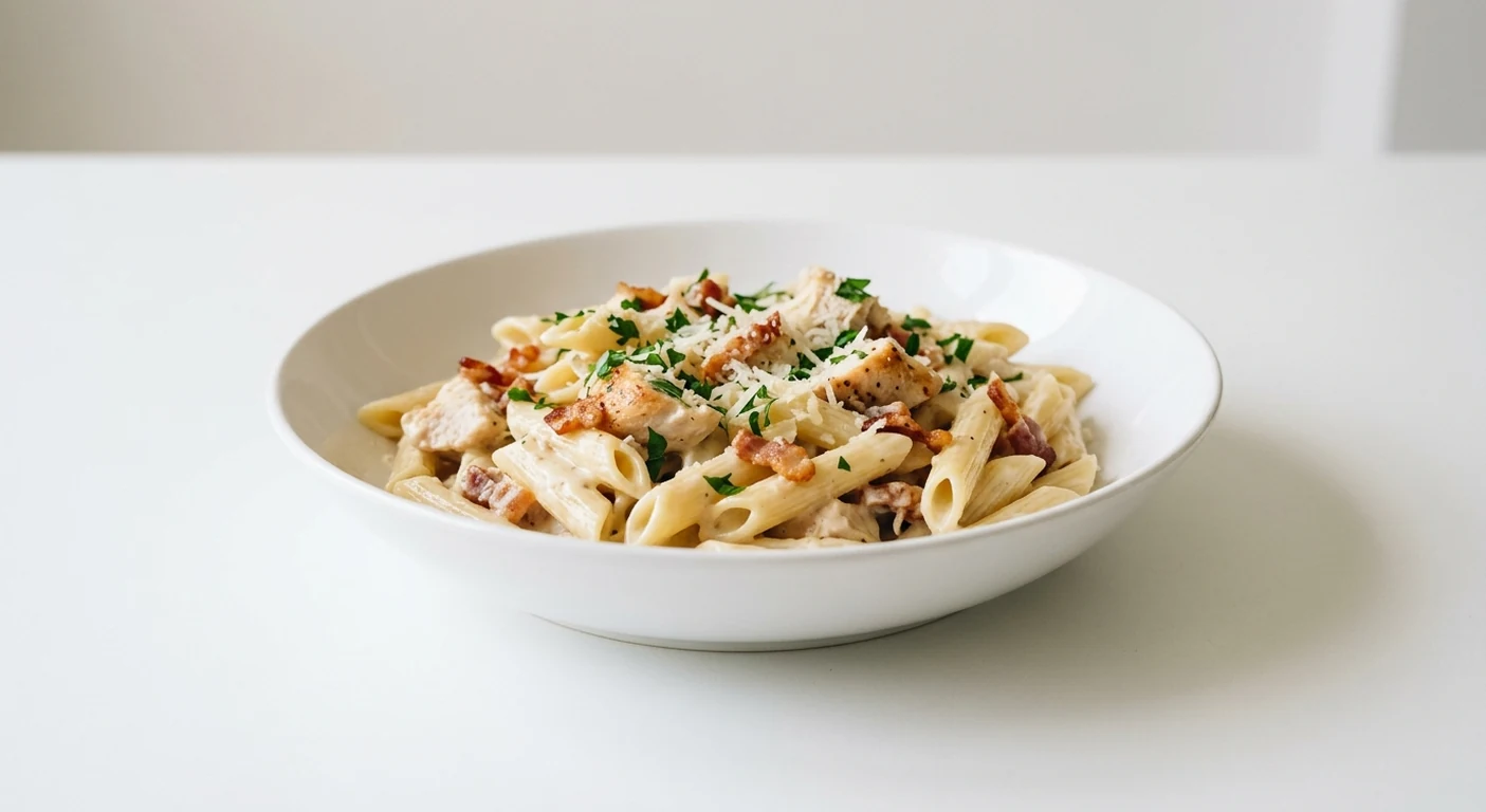 Pizza Express Chicken & Pancetta, penne with chicken and crispy pancetta in a creamy sauce in a white bowl, nutrition and calories