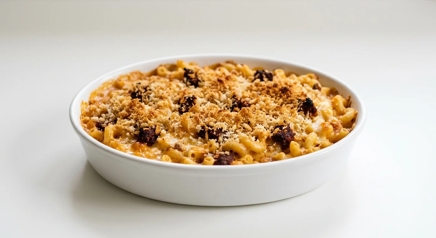 Pizza Express Mac & Cheese with 'Nduja, baked macaroni in a three-cheese sauce with 'nduja and crisp breadcrumbs in a white dish, nutrition and calories