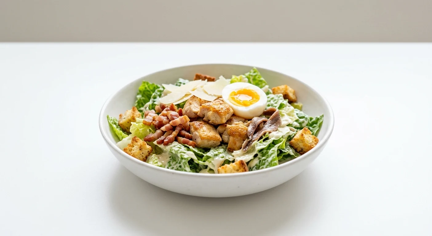 Pizza Express Grand Chicken Caesar (with Pancetta Upgrade), Cos lettuce, chicken, crispy pancetta, anchovies, croutons, egg and hard cheese in a white bowl, nutrition and calories