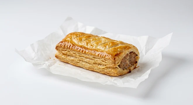 Greggs Sausage Roll, golden puff pastry sausage roll with flaky layers on white paper, nutrition and calories