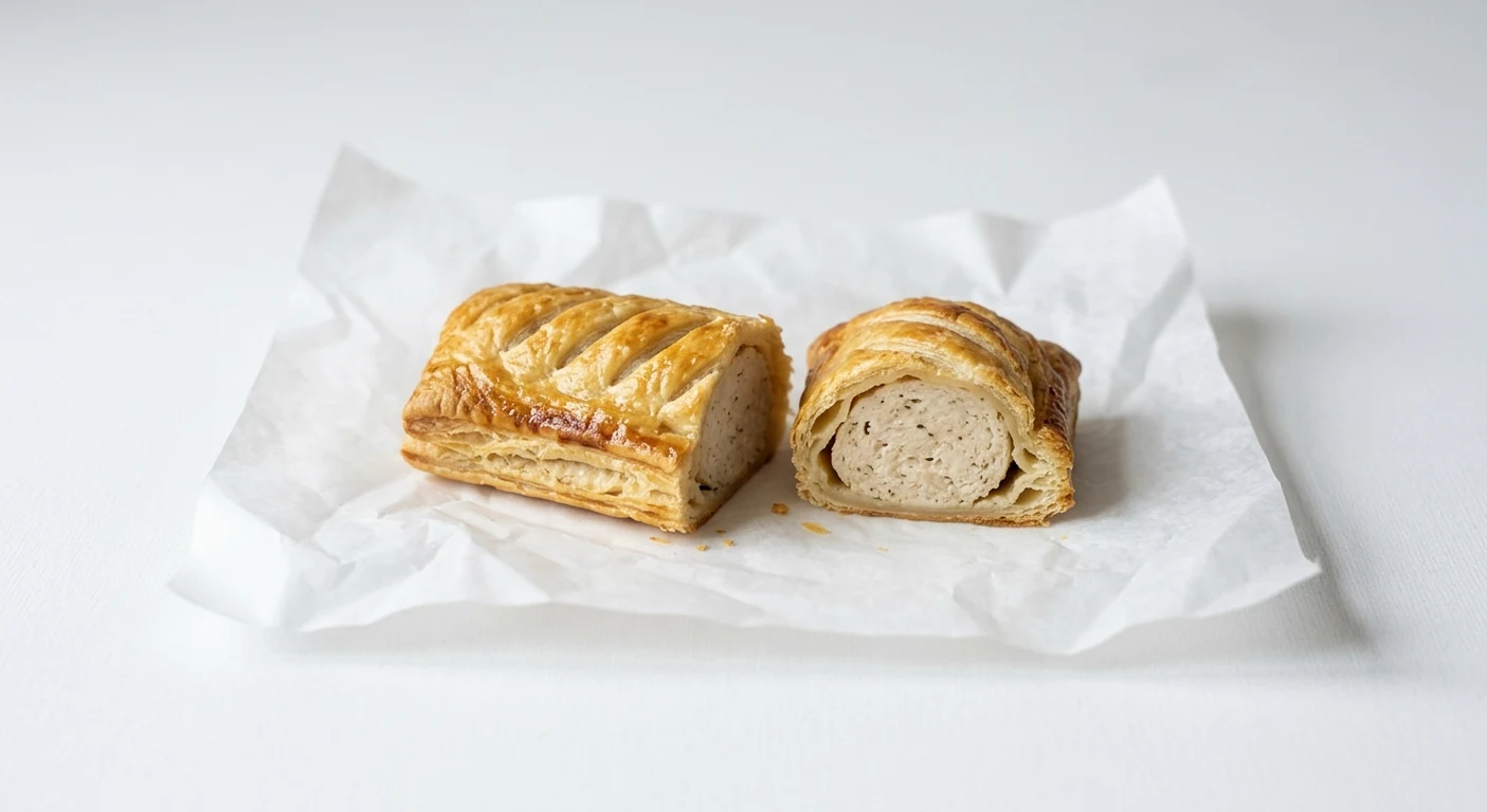 Greggs Chicken Roll, puff pastry roll cut open to show a seasoned chicken filling on white paper, nutrition and calories