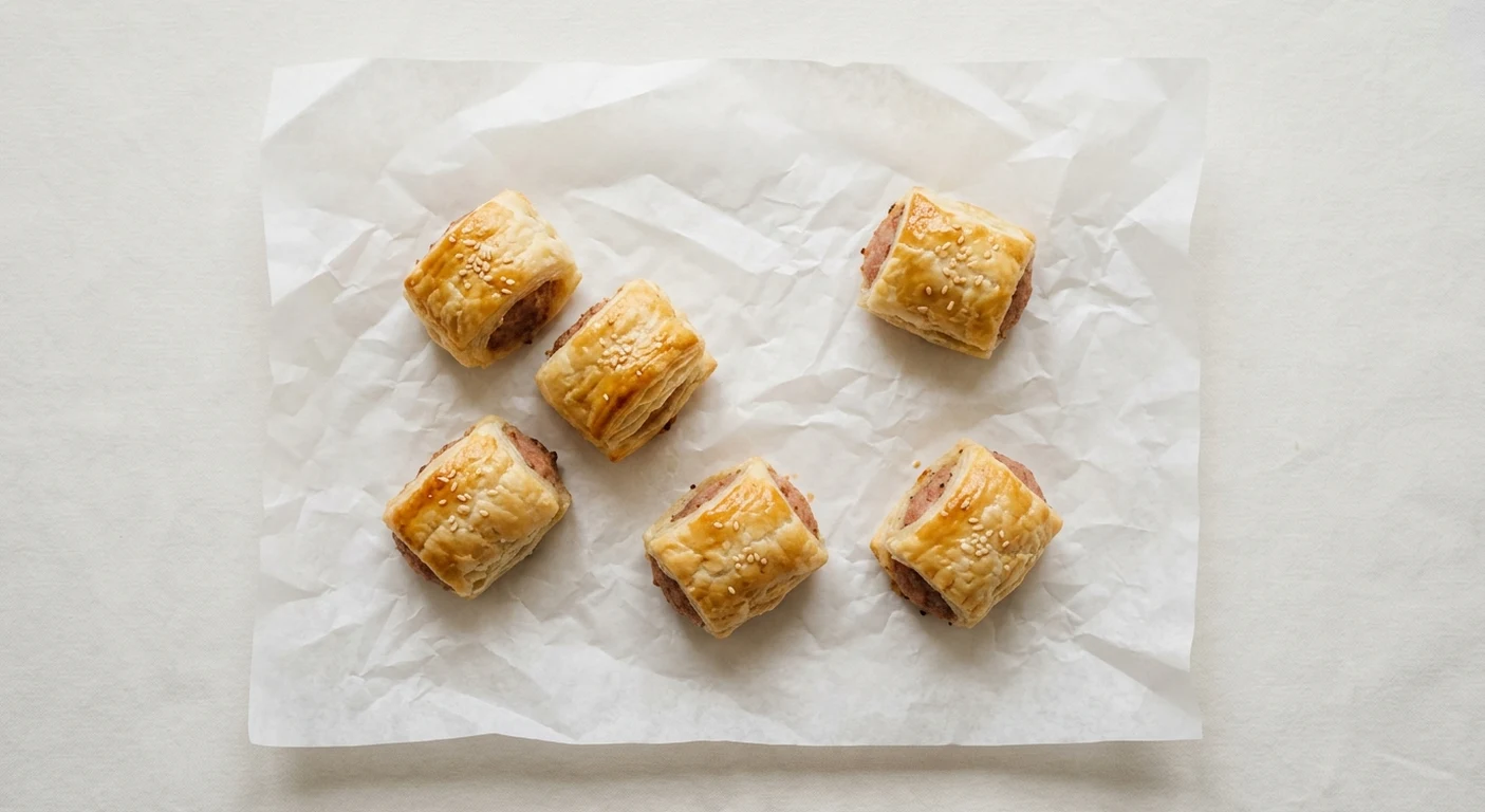 Greggs 6 Mini Sausage Rolls, six small puff pastry sausage rolls on white paper, nutrition and calories