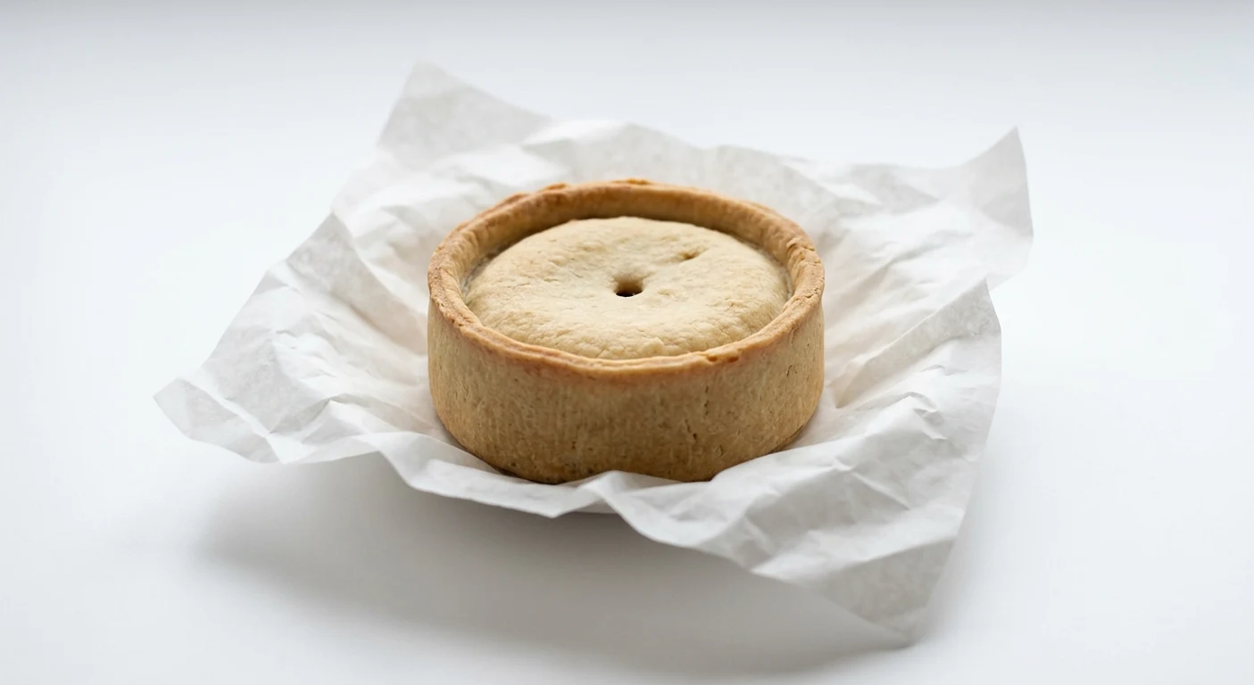 Greggs Scotch Pie, round hot water crust pie with a recessed lid on white paper, nutrition and calories