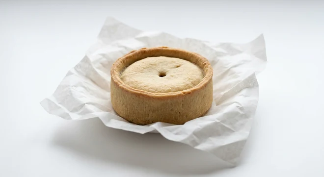 Greggs Scotch Pie, round hot water crust pie with a recessed lid on white paper, nutrition and calories