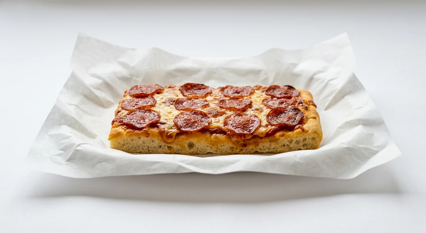 Greggs Pepperoni Pizza, rectangular focaccia-style pizza slab with pepperoni and melted cheese on white paper, nutrition and calories