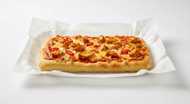 Greggs Spicy Chicken Pizza, rectangular pizza slab with spiced chicken and red chilli on white paper, nutrition and calories
