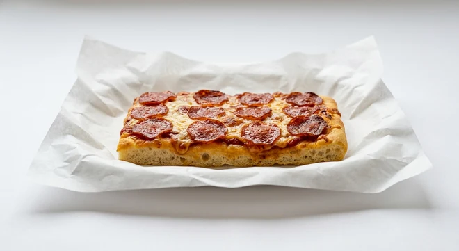 Greggs Pepperoni Pizza, rectangular focaccia-style pizza slab with pepperoni and melted cheese on white paper, nutrition and calories