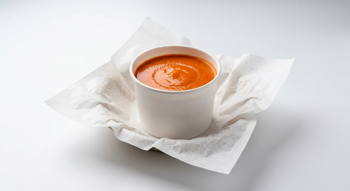 Greggs Tomato Soup, smooth tomato soup in a paper pot on white paper, nutrition and calories