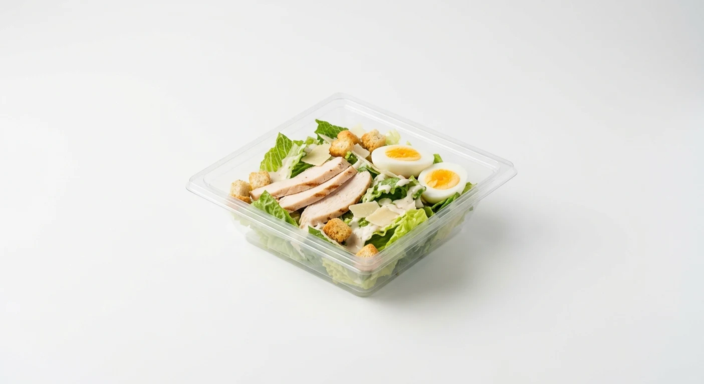 Greggs Chicken Caesar Salad with Egg, Caesar salad with chicken, boiled egg and croutons in a clear salad tray, nutrition and calories