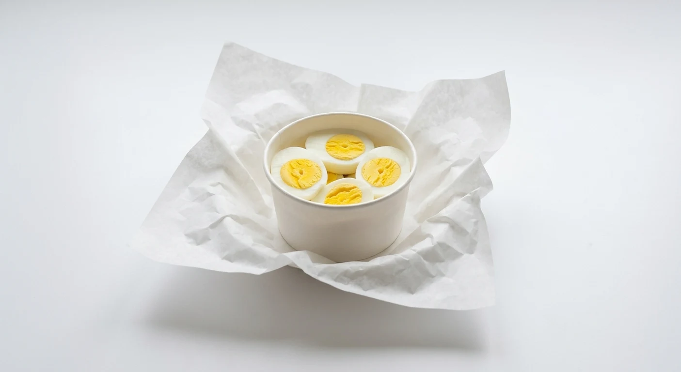 Greggs Free Range Egg Pot, four halves of boiled egg in a paper pot on white paper, nutrition and calories