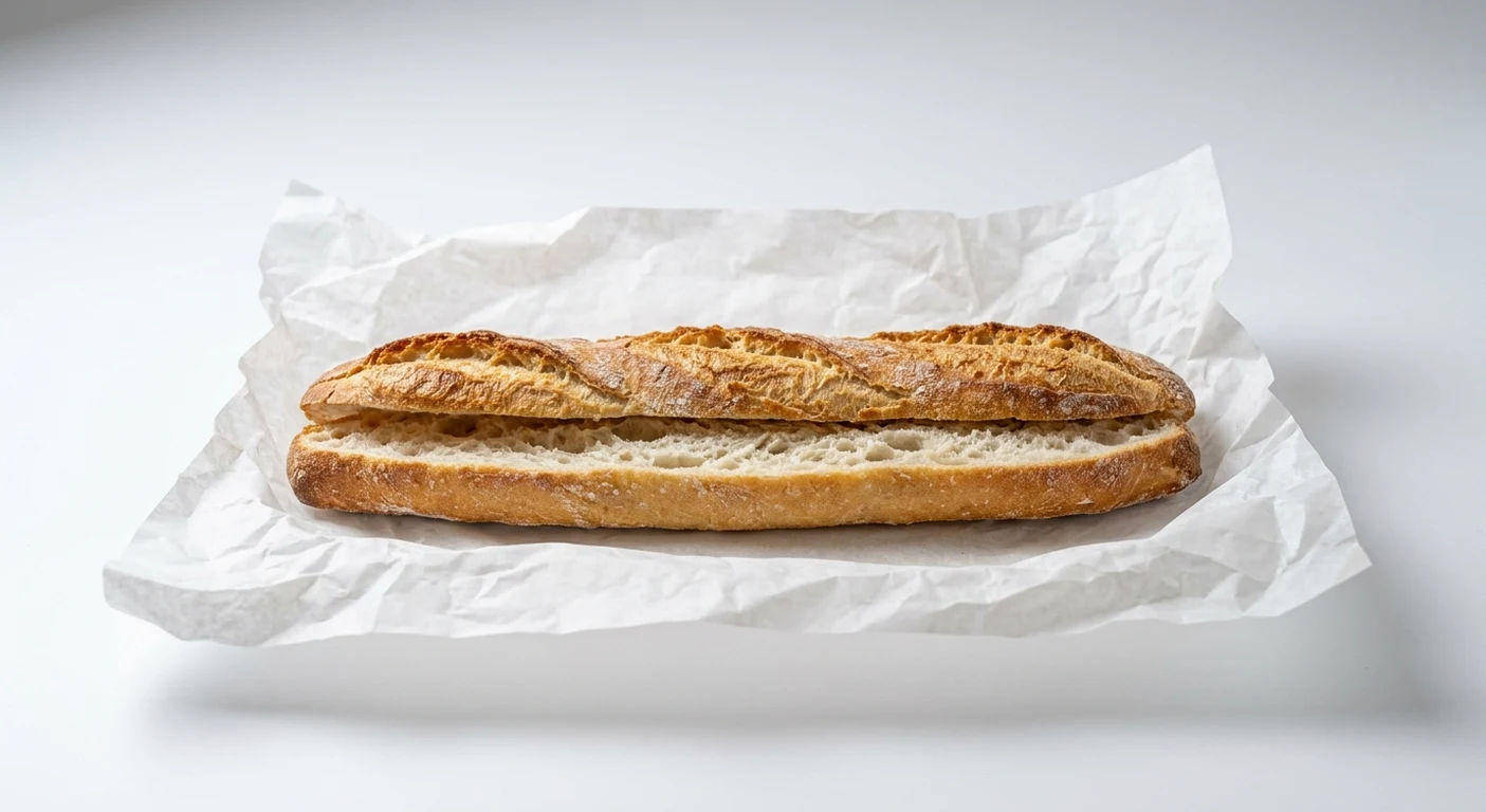 Greggs Baguette, plain crusty white baguette split along the side on white paper, nutrition and calories