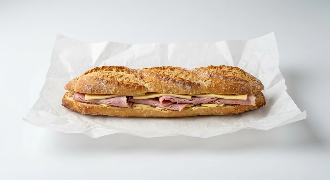 Greggs Ham & Cheese Baguette, baguette filled with ham and cheddar on white paper, nutrition and calories