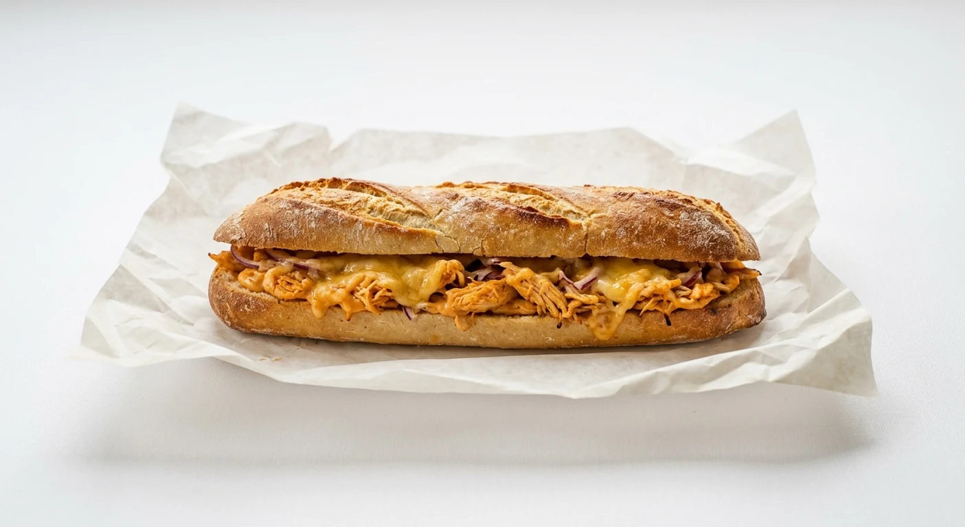 Greggs Hot Buffalo Chicken Baguette, hot baguette with buffalo chicken, melted cheddar and red onion on white paper, nutrition and calories