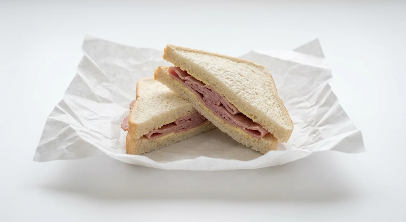Greggs Ham Sandwich, white bread sandwich with sliced ham on white paper, nutrition and calories