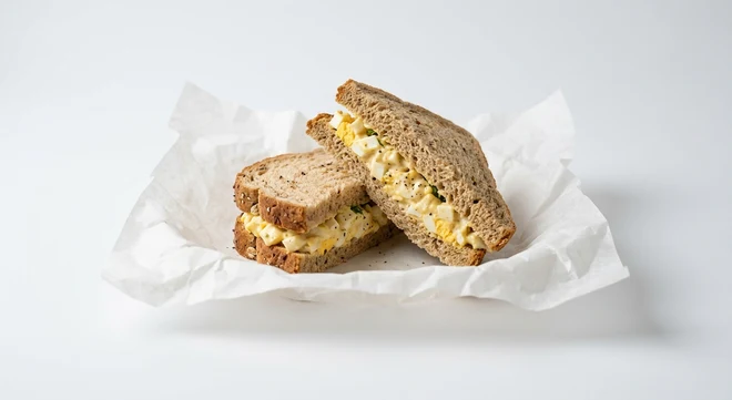 Greggs Free Range Egg Mayonnaise Sandwich, malted bread sandwich with free range egg mayonnaise on white paper, nutrition and calories