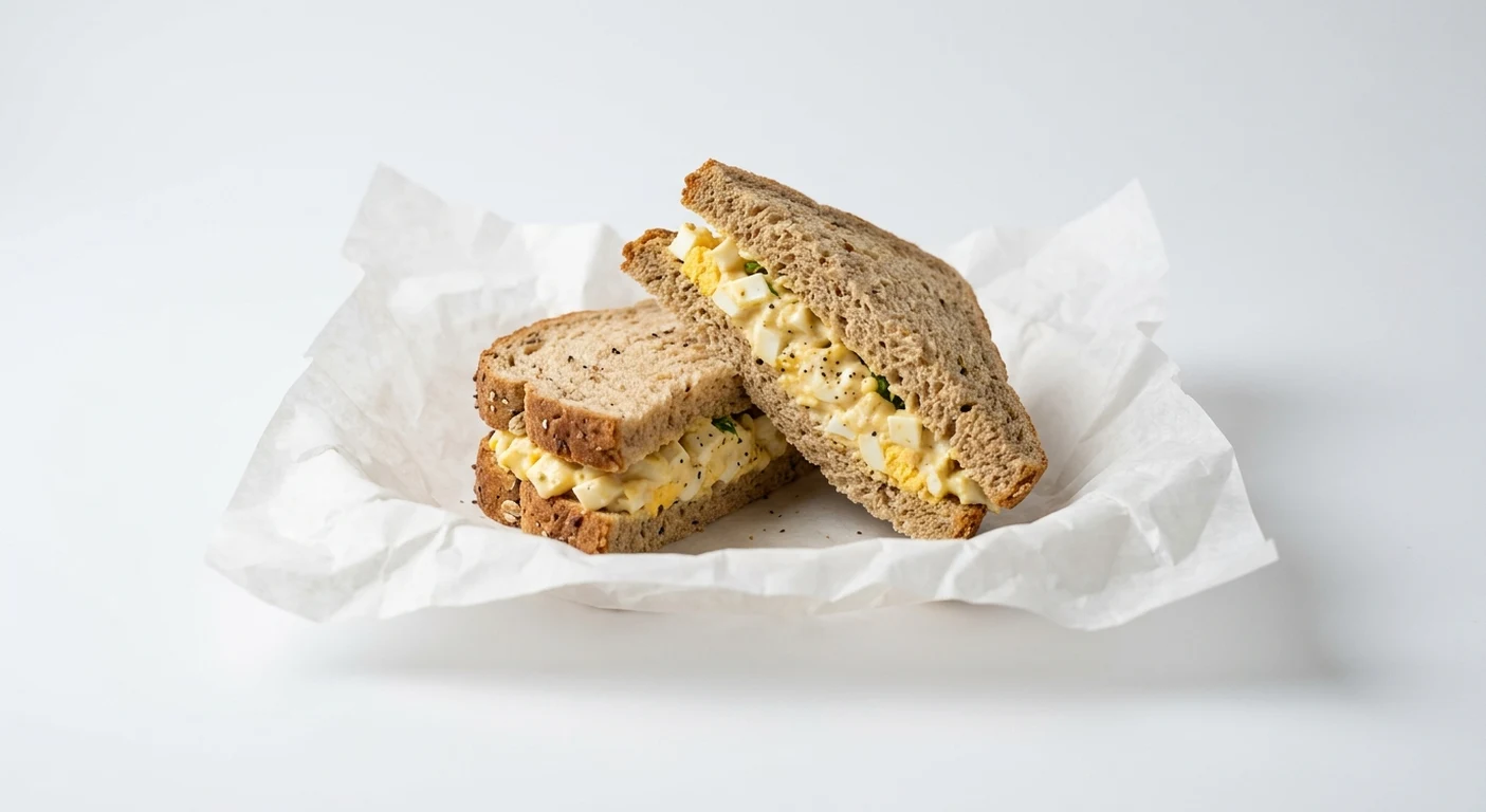 Greggs Free Range Egg Mayonnaise Sandwich, malted bread sandwich with free range egg mayonnaise on white paper, nutrition and calories