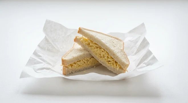 Greggs Cheese Sandwich, white bread sandwich with grated cheddar on white paper, nutrition and calories