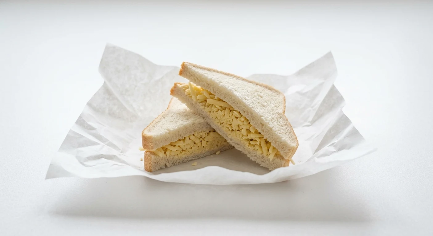Greggs Cheese Sandwich, white bread sandwich with grated cheddar on white paper, nutrition and calories