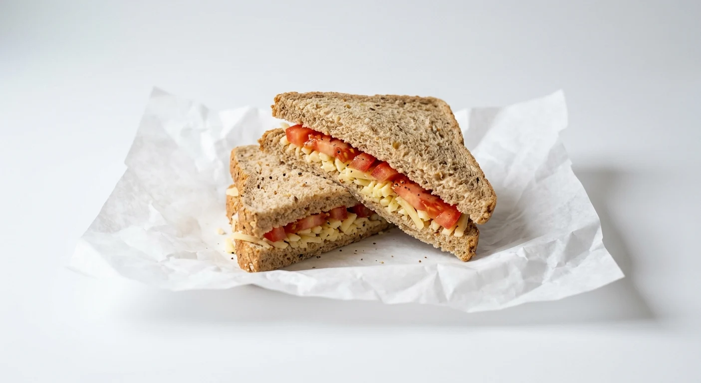 Greggs Cheese & Tomato Sandwich, malted bread sandwich with cheddar and tomato on white paper, nutrition and calories