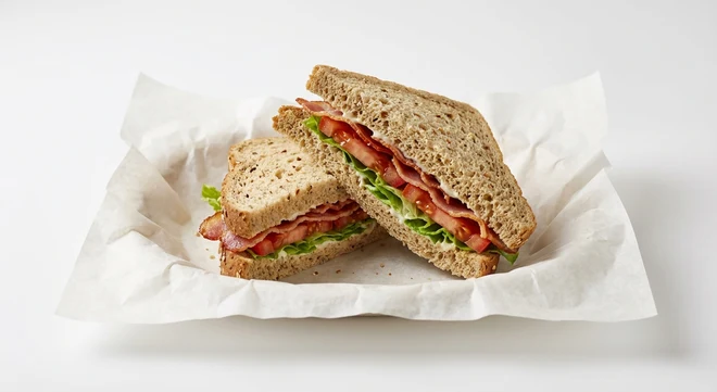 Greggs BLT Sandwich, malted bread sandwich with bacon, lettuce and tomato on white paper, nutrition and calories
