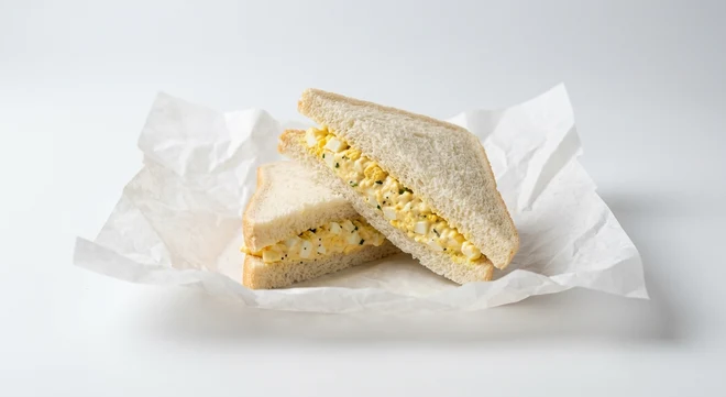 Greggs Egg Mayonnaise Sandwich, white bread sandwich with egg mayonnaise on white paper, nutrition and calories
