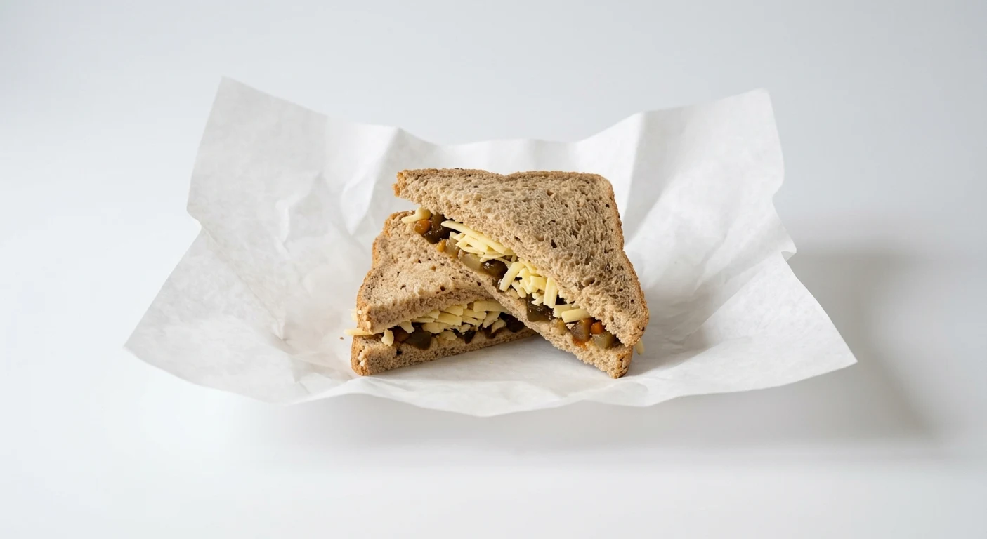 Greggs Cheese & Pickle Sandwich, malted bread sandwich with cheddar and pickle on white paper, nutrition and calories
