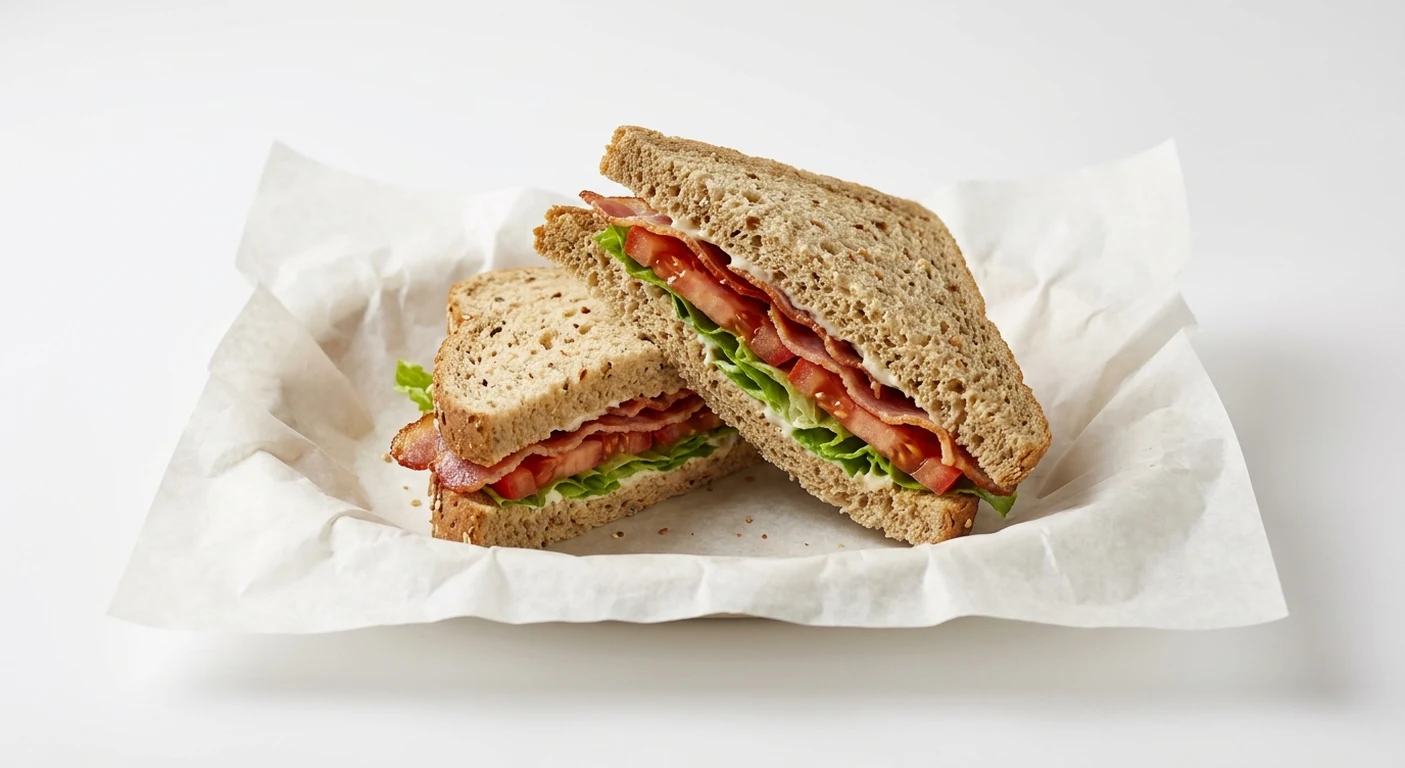 Greggs BLT Sandwich, malted bread sandwich with bacon, lettuce and tomato on white paper, nutrition and calories
