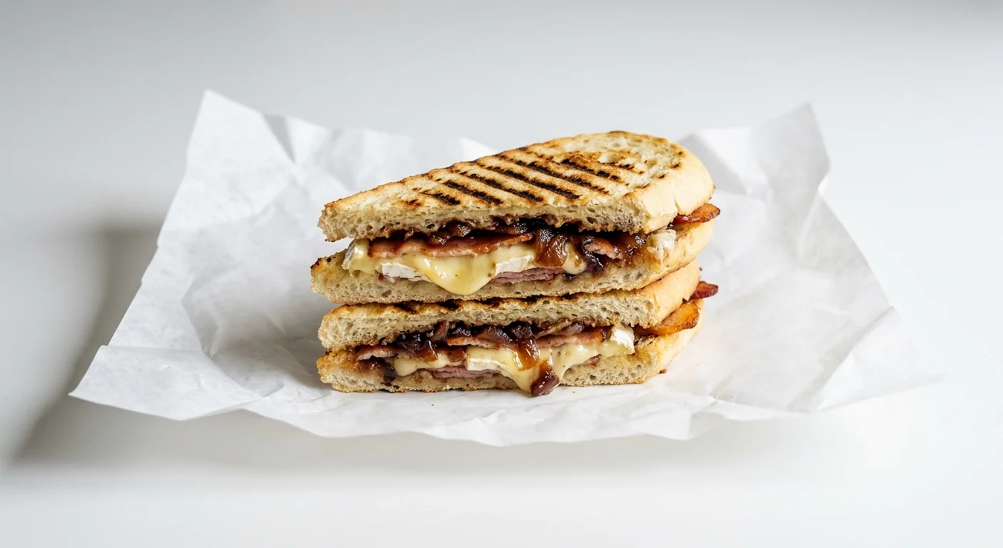 Caffè Nero Brie & Bacon Panini, griddled panini cut and stacked, brie, streaky bacon and onion chutney, nutrition and calories