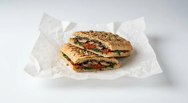 Caffè Nero Mushroom & Tomato Ragu Panini, seed-topped panini with roasted mushrooms, tomato ragu and spinach, no cheese, nutrition and calories