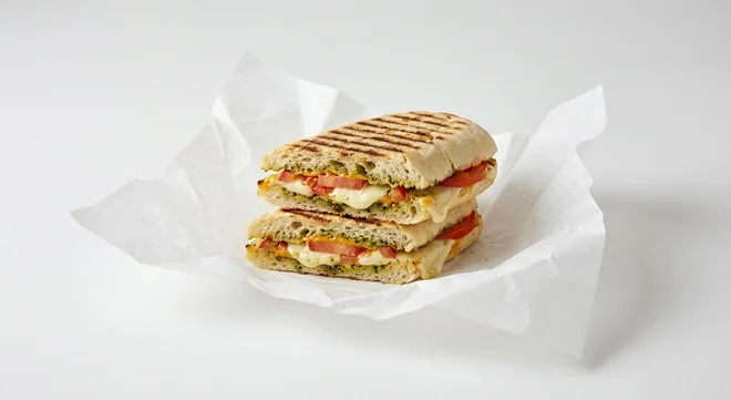 Caffè Nero Mozzarella & Tomato Panini, griddled panini cut and stacked, melted mozzarella, fresh tomato and pesto, nutrition and calories