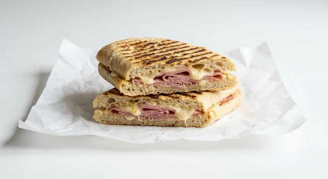 Caffè Nero Ham & Mozzarella Panini, griddled panini cut and stacked, sliced ham and melted mozzarella, nutrition and calories
