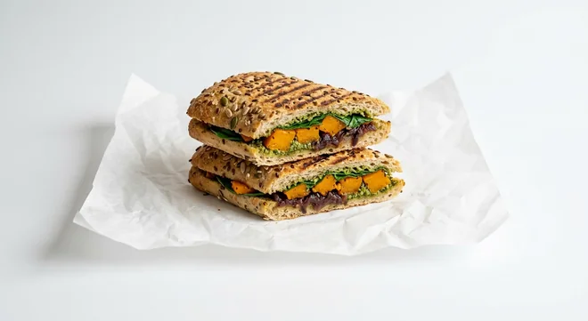 Caffè Nero Butternut Squash & Pesto Seeded Panini, seeded panini with roasted butternut squash, pesto, onion chutney and spinach, no cheese, nutrition and calories