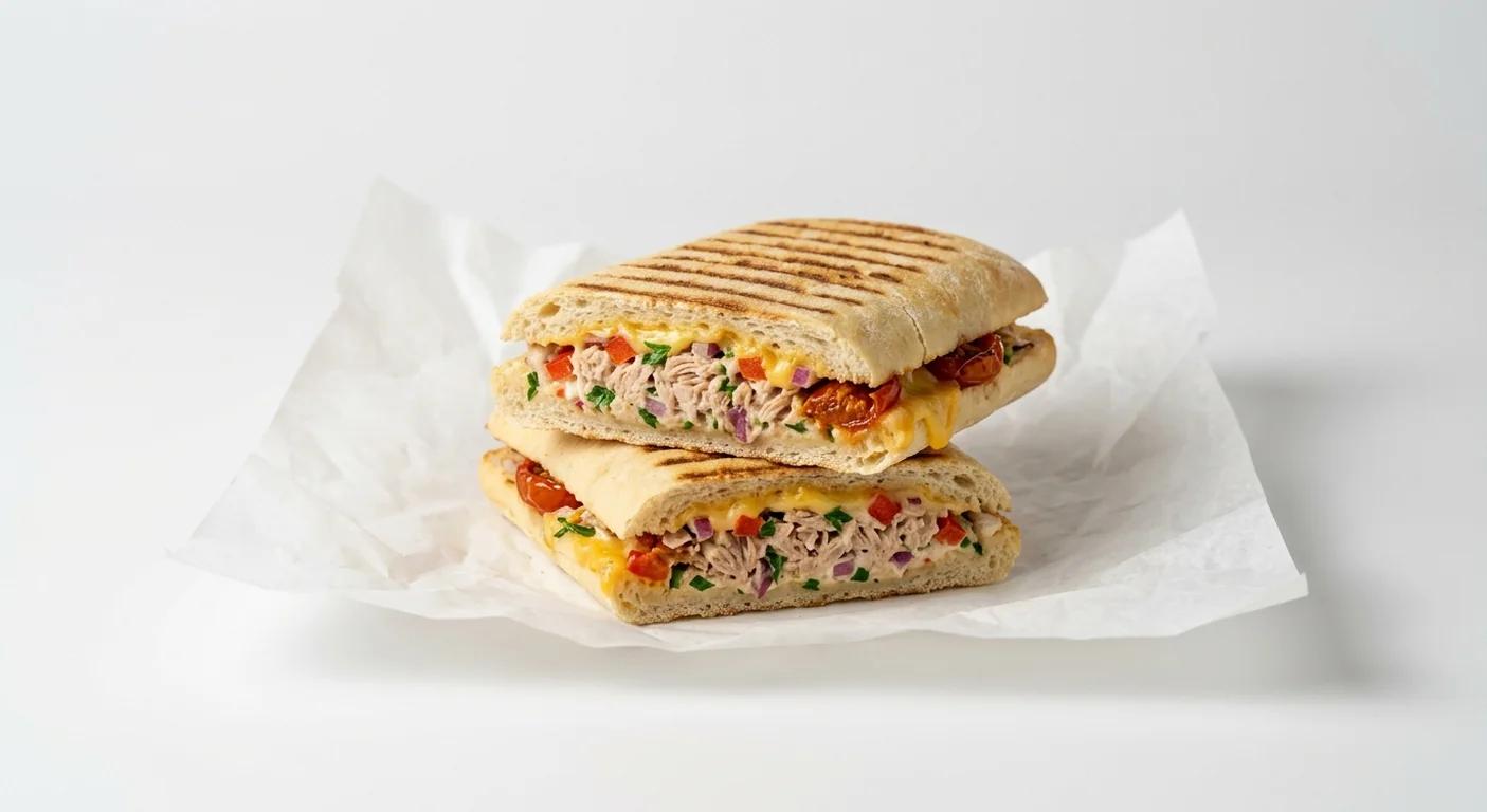 Caffè Nero Tuna Melt Panini, griddled panini cut and stacked, tuna mayo, red pepper and melted cheddar, nutrition and calories