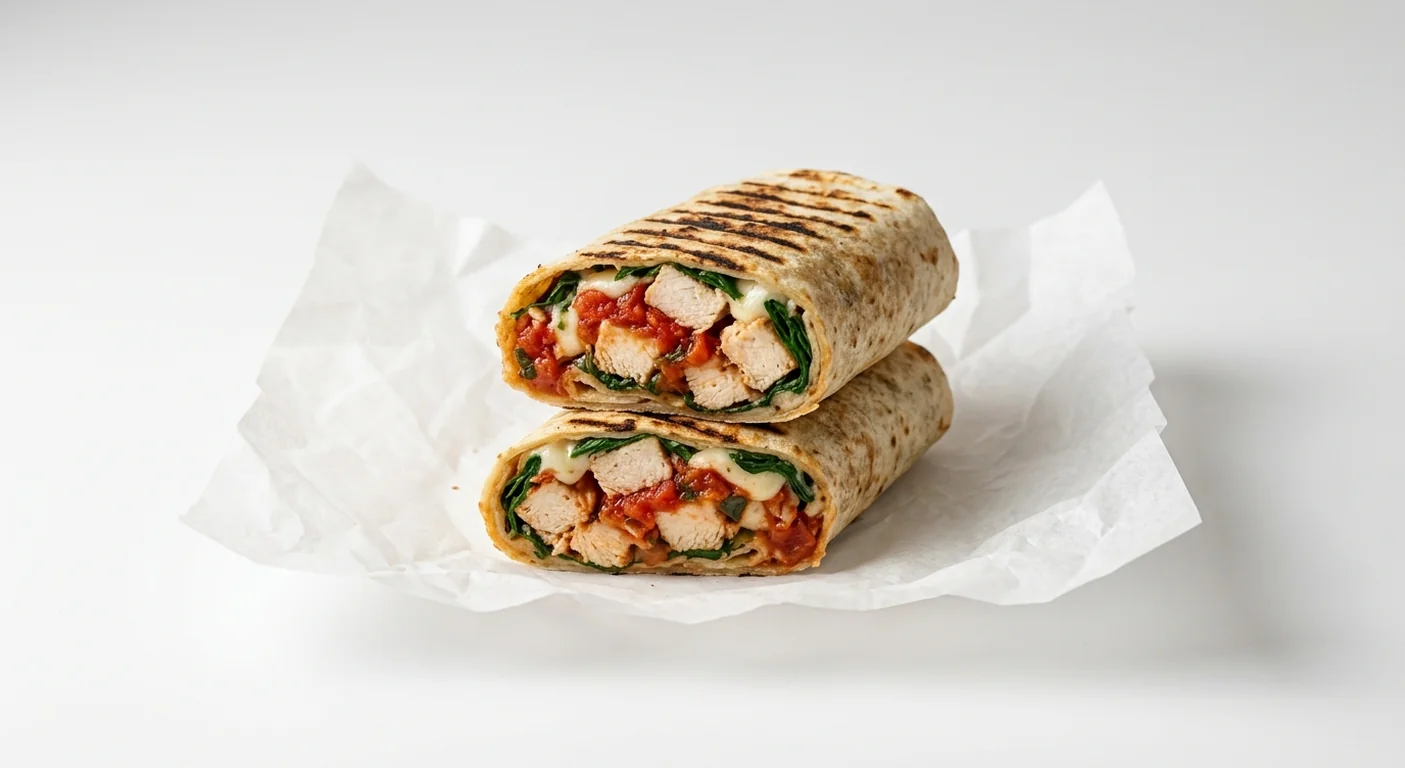 Caffè Nero Chicken, Tomato & Basil Hot Wrap, griddled wrap cut and stacked, chicken, tomato and basil sauce, mozzarella and spinach, nutrition and calories
