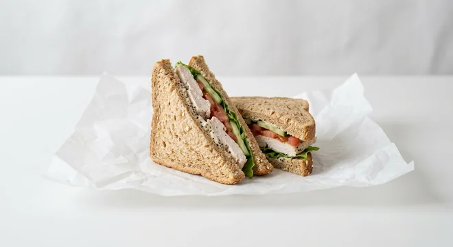 Caffè Nero Chicken Salad Sandwich, malted bread sandwich with sliced chicken, tomato, cucumber and lettuce, nutrition and calories